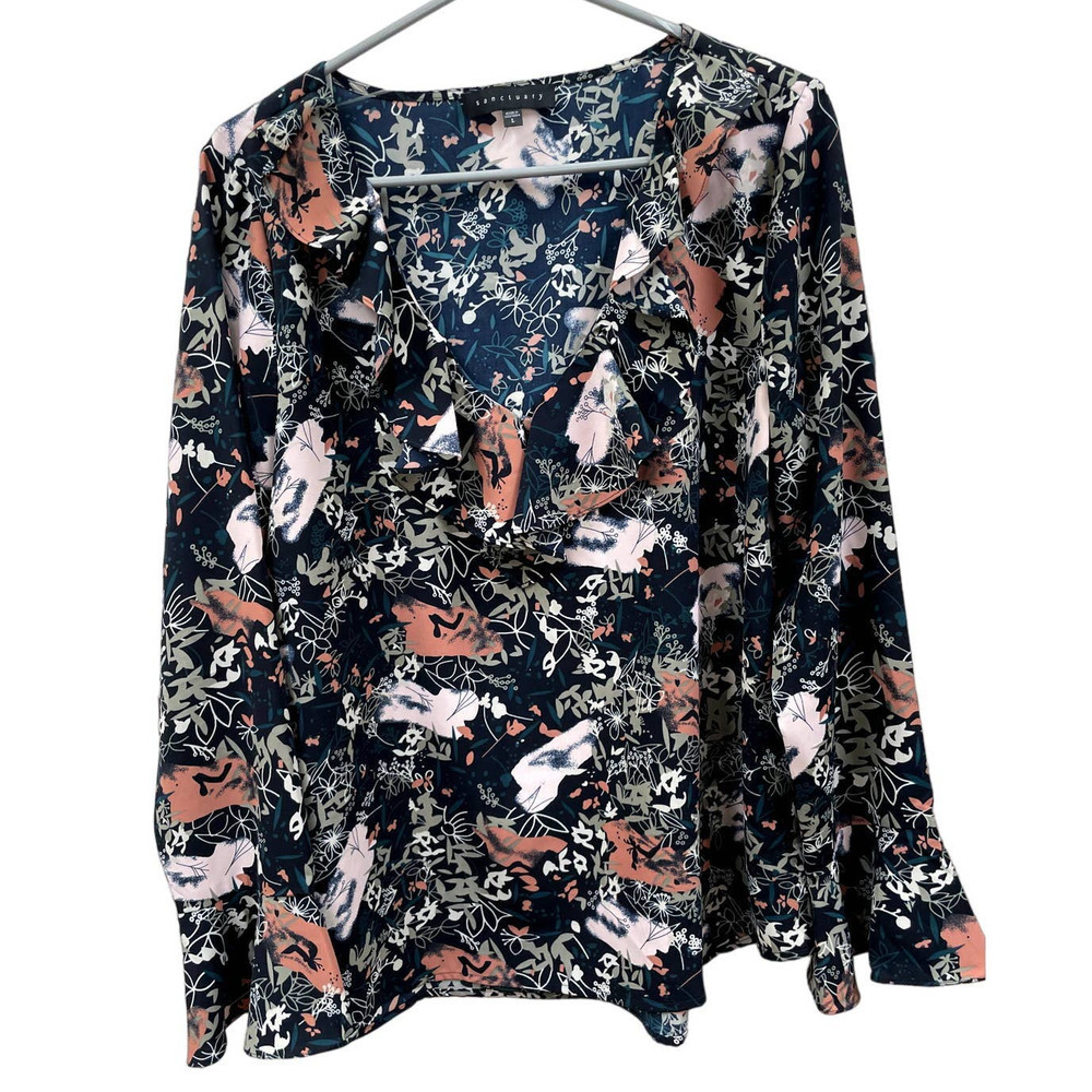 Sanctuary V Neck Long Sleeve Blouse Blue Floral Large